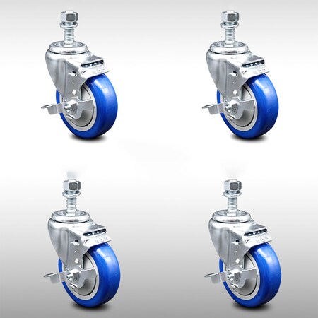 Service Caster 4 Inch SS Blue Polyurethane Swivel 12mm Threaded Stem Caster Set Brake SCC SCC-SSTS20S414-PPUB-BLUE-TLB-M1215-4
